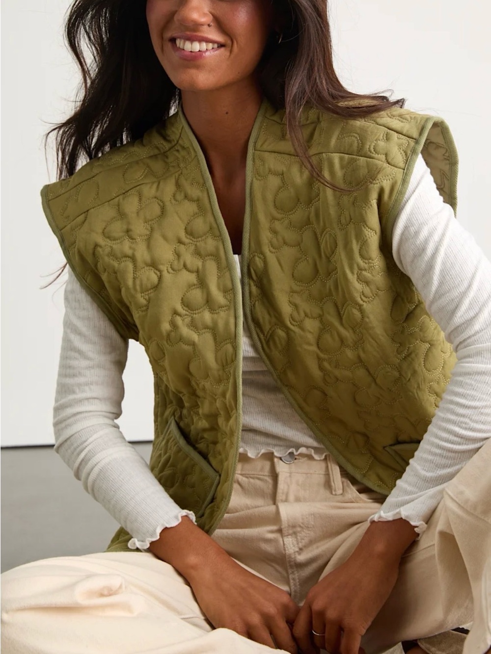 Lulus Wrenleigh Olive Green Floral Quilted Vest **